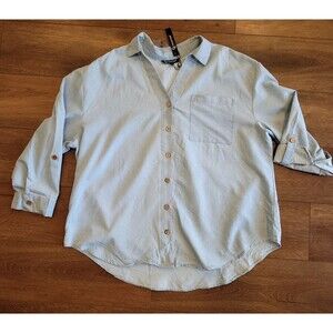 Chambray Shirt Womens 2X V Neck Button Up Roll Tab 3/4 Sleeve Top Blouse Casual